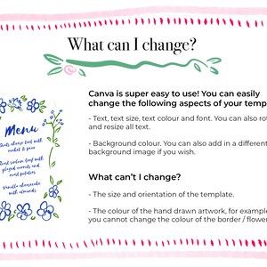 May include: A pink and white illustrated guide with a green floral design. The text reads "What can I change?" and "What can't I change?" The guide explains how to customise a menu template in Canva.