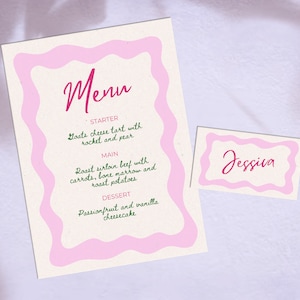 Menu de bordure ondulée rose et vert modifiable et carte de visite, papeterie modifiable, menu de mariage, menu tendance cool personnalisé, coloré, dessiné à la main