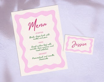 Editable Pink and Green Wavy Border Menu and Name Card, Editable Stationery, Wedding Menu, Custom, Colourful Cool Trendy Menu, Hand drawn