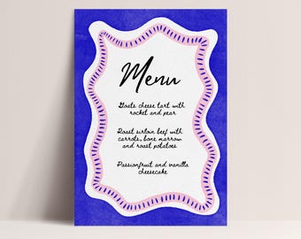 Blue and Pink Personalised Menu Template, Editable Wedding Stationery, Hand Drawn Wavy Squiggle Menu, Baby Shower, Hen Do Bachelorette Party