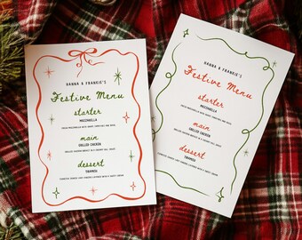 Customisable Squiggle Border Menu Set Fun Hand-Drawn Editable Canva Templates for Christmas, Weddings & Parties with Ribbons and Bows CHEERS