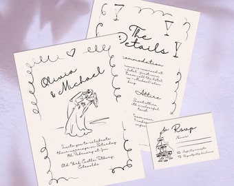 Wedding Invitation Suite Template, Whimsical hand drawn invitation, Quirky scribble invitation, RSVP Details, French champagne tower, OLIVIA
