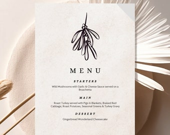 Hand Drawn Christmas Menu, Christmas Menu Template, Printable Menu, Xmas Menu, Instant Download, DIY, Edit with CANVA, Misletoe illustration