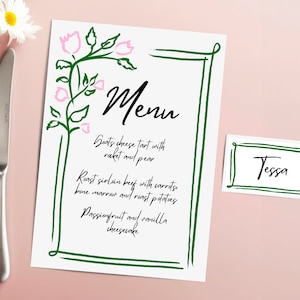 Menú floral personalizado dibujado a mano y plantilla de tarjeta de nombre, menú imprimible editable, papelería de boda, baby shower, menú italiano, rosa
