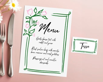 Personalised Hand Drawn Floral Menu and Name Card Template, Editable Printable Menu, Wedding Stationery, Baby Shower, Italian Menu, Rose