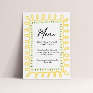 Plantilla de menú personalizada con borde ondulado amarillo y verde, papelería editable, menú ondulado dibujado a mano, baby shower, despedida de soltera