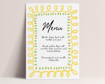 Yellow and Green Squiggly border Personalised Menu Template, Editable Stationery, Hand Drawn Wavy Menu, Baby Shower, Hen Do Bachelorette