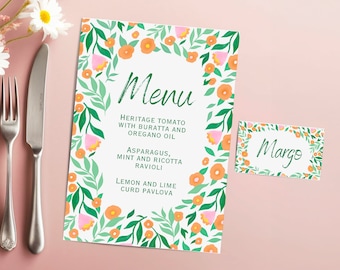 Hand Drawn Floral Menu and Name Card Template, Pastel Watercolor Menu, Italian Menu, French Menu, Abstract Flowers, Minimal Flower Menu,