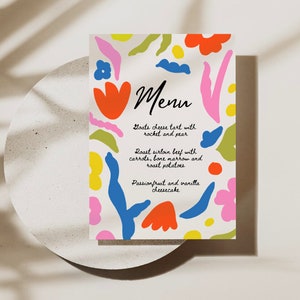 Menú abstracto floral brillante, plantilla editable, menú imprimible, dibujado a mano, papelería de boda, menú de boda mínimo brillante y audaz, colorido