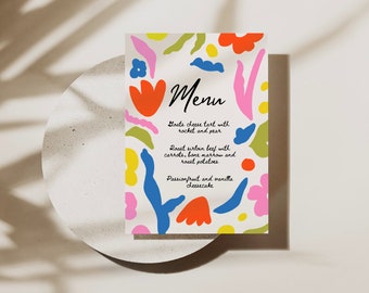 Bright Floral Abstract Menu, Editable Template, Printable Menu, Hand Drawn, Wedding Stationery, Minimal Bright Bold Wedding Menu, Colourful