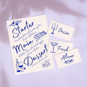 Handgezeichnetes modernes italienisches Hochzeitsmenü + Tischkarten-Vorlage, Scribble-Illustrations-Vorlage Abendmenü Brautparty schrulliges Minimal