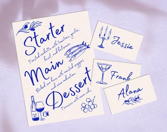 Hand Drawn Modern Italian Style Wedding Menu + Place Card Template, Scribble Illustration Template Dinner Menu Bridal Shower Quirky Minimal