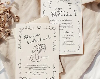 Wedding Invitation Suite Template, Whimsical hand drawn invitation, Quirky scribble invitation, RSVP Details, French champagne tower, OLIVIA