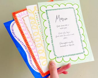 Spring Menu Bundle, Personalised Menus, Editable Stationery, Hand Drawn Wavy Squiggle Menu, Baby Shower, Hen Do Bachelorette Party, Colorful