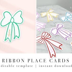 Boogvormige plaatskaarten | Mix en match naamkaartjes met regenboogpastelkleurrijk lint | Direct downloaden | Handgetekend lint en strik
