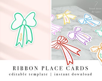 Bow Shaped Place Cards | Mix and Match Rainbow Pastel Colourful Ribbon Name Cards | Instant download | Hand drawn ribbon and bow