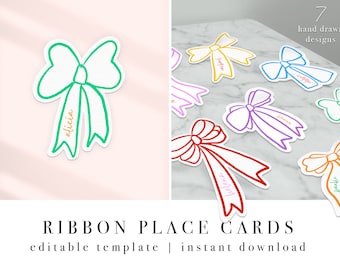 Bow Shaped Place Cards | Mix and Match Rainbow Pastel Colourful Ribbon Name Cards | Instant download | Hand drawn ribbon and bow