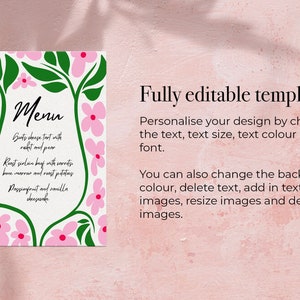 Editable Floral Hand Drawn Menu Name Card Template, Dinner Menu, Wedding Menu, Wedding Stationery, Floral Illustration, Whimsical, Sketch image 2