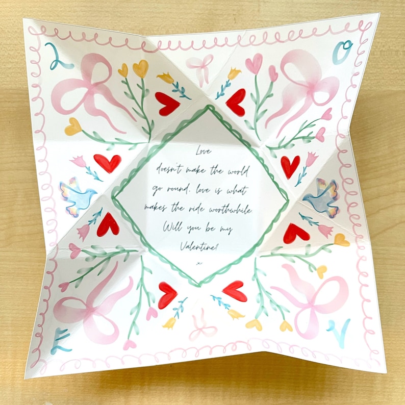 Origami Victorian Love Note Puzzle Purse Instant Download Ribbons, hearts & flowers theme Watercolour hand drawn flowers Valentine DIY image 7