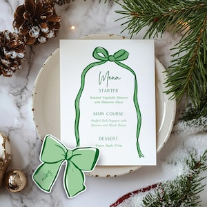Benutzerdefiniertes grünes Band und Schleifenmenü und Tischkartenset | Bearbeitbare Weihnachtstischdekoration | Mix and Match Farben für Festliche Parties & Hochzeiten