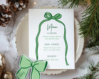 Custom Green Ribbon and Bow Menu and Placecard Set | Editable Christmas Table Decor | Mix and Match Colours for Festive Parties & Weddings