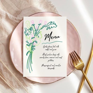 Handgetekend bloemenmenu en naamkaart, menusjabloon, trouwsjabloon, bewerkbaar menu, gepersonaliseerd menu, aangepast menu, handgetekende bloemen