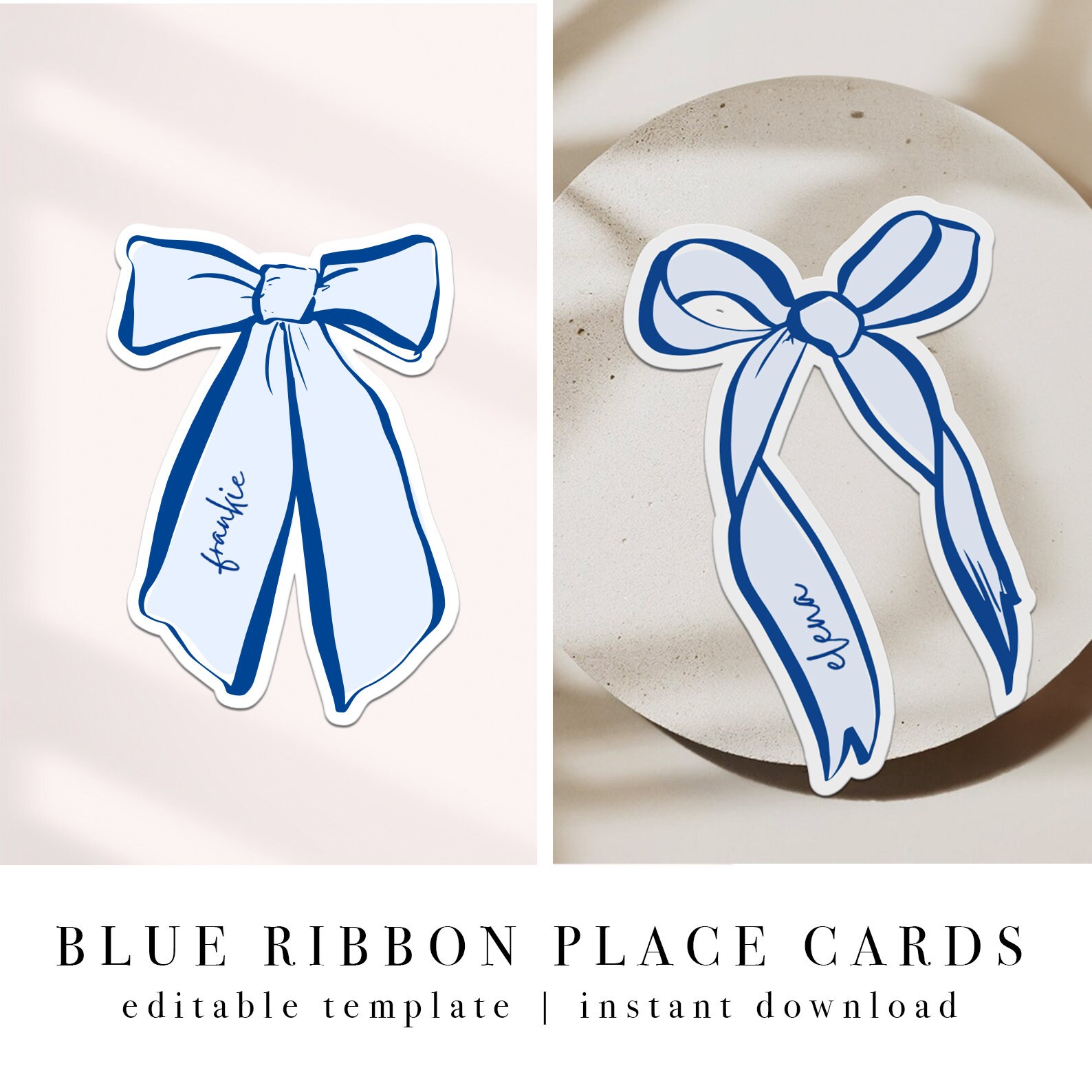 Blue Ribbon Shaped Place Name Template | Ribbon Place Card | Baby Shower | DIY Baby shower | Baby boy | Hand Drawn Blue Ribbon | BONNIE