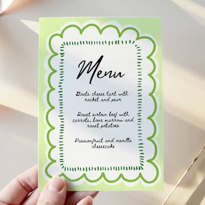 Menú editable dibujado a mano y tarjeta de presentación, menú de boda, borde de vieira, borde ondulado, menú verde, brillante, colorido, mínimo, papelería de boda