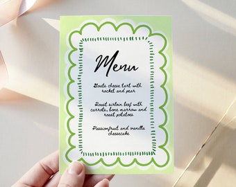 Editable Hand Drawn Menu and Name Card, Wedding Menu, Scallop Edge, Wavy Border, Green Menu, Bright, Colourful, Minimal, Wedding Stationery