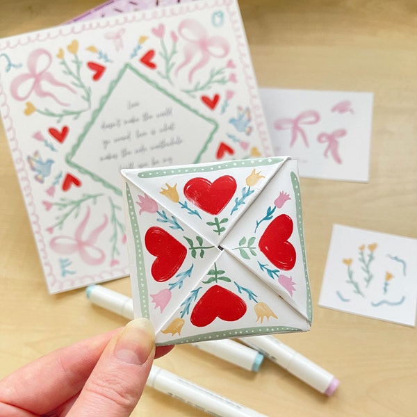 Origami viktorianische Liebe Note Puzzle Geldbörse Instant Download - Bänder, Herzen & Blumen Thema | Aquarell von Hand gezeichnete Blumen | Valentinstag DIY