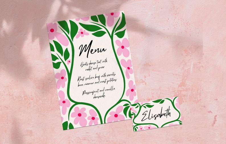 Editable Floral Hand Drawn Menu Name Card Template, Dinner Menu, Wedding Menu, Wedding Stationery, Floral Illustration, Whimsical, Sketch image 4