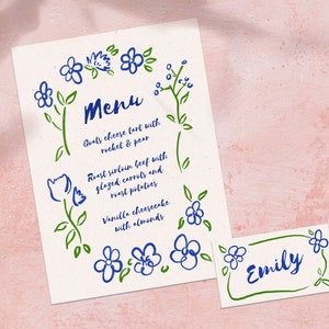 Handgezeichnete florale Menüvorlage mit Namenskarte, benutzerdefiniertes Hochzeitsbriefpapier, bearbeitbares Menü, wunderlich, handgeschrieben, illustriert, trendiges Blau