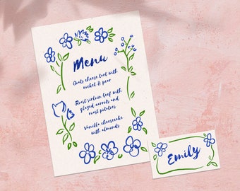 Hand Drawn Floral Menu Template with Name Card, Custom Wedding Stationery, Editable Menu, Whimsical, Handwritten, Illustrated, Trendy Blue