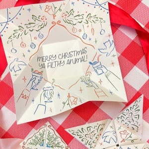 Biglietto di Natale eccentrico / Borsa puzzle con bigliettino d'amore vittoriano origami / Download immediato con disegno a tratteggio stravagante / Regalo di Natale unico / CHEERS