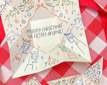 Quirky Christmas Card | Origami Victorian Love Note Puzzle Purse | Instant Download with Whimsical Line Art | Unique Holiday Gift | CHEERS