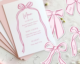 Pink Ribbon Border Menu with Matching Bow Outline Shaped Place Names | Coquette Menu | Baby Shower | Wedding | Hand Drawn Ribbon | CHERIE