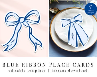 Blue Ribbon Shaped Place Name | Ribbon Place Card | Baby Shower | DIY Baby shower | Baby boy | Hand Drawn Blue Ribbon | Editable Template