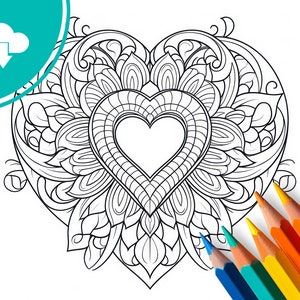 Relax Mandala - Coloring page, Instant Download, Heart-Design to print and color