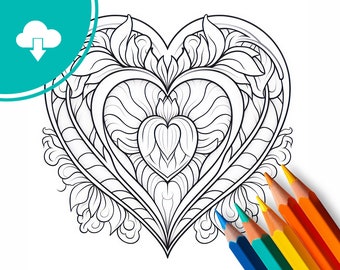 Relax Mandala - Coloring page, Instant Download, Heart-Design to print and color