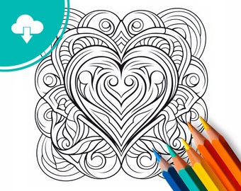 Relax Mandala - Coloring page, Instant Download, Heart-Design to print and color