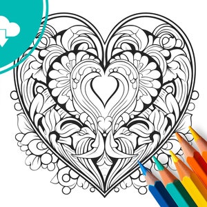 Relax Mandala - Coloring page, Instant Download, Heart-Design to print and color