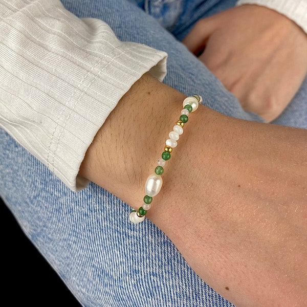 Bracelet en pierre gemme aventurine, quartz rose et jade verte