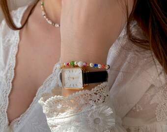 Bracelet lumineux, coloré, en perles millefiori et nacre, acier inoxydable