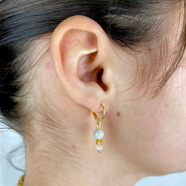 Boucles d’oreilles pendantes en pierre gemme citrine, pierre de lune et nacre