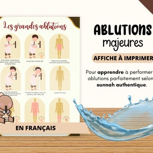Peut inclure: Une affiche imprimable en français avec des illustrations d'une personne effectuant les grandes ablutions, également connues sous le nom de Wudu, en Islam. L'affiche comprend le texte "Les grandes ablutions" et "EN FRANÇAIS".