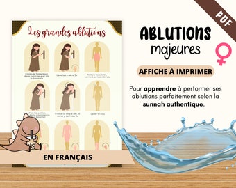 Affiche apprendre les ablutions majeures ghusl wudhu pour garçon et enfants, islam islamique pour musulman et musulmane