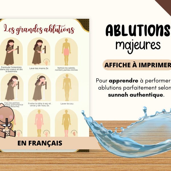 Affiche apprendre les ablutions majeures ghusl wudhu pour garçon et enfants, islam islamique pour musulman et musulmane