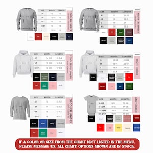 a collection of different sizes and colors of hooded sweatshirts, along with their corresponding widths and lengths. The chart provides a visual representation of the available sizes and colors for the sweatshirts.