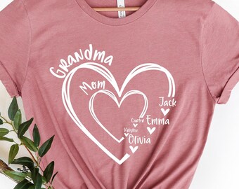 Personalized Grandma Heart T-Shirt, Custom Kid Names, Mother's Day Gift