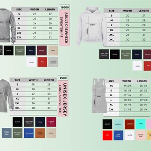 K&ouml;nnte beinhalten: Produktkatalog mit Gr&ouml;&szlig;entabellen f&uuml;r Crewneck-Sweatshirts f&uuml;r Erwachsene, Hoodies f&uuml;r Erwachsene, Unisex-Langarmshirts und Racerback-Tanks f&uuml;r Damen. Farbmuster sind ebenfalls abgebildet.